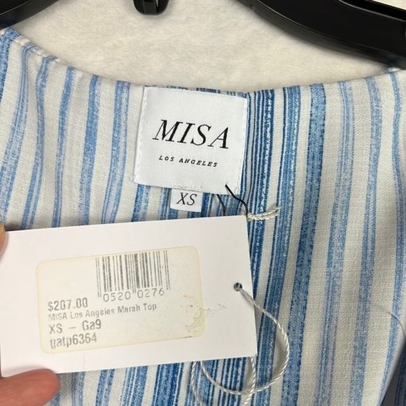Misa Los Angeles Marah Blue White Stripe Ruffle Wrap Crop Linen Modal Top Blouse - Picture 10 of 16